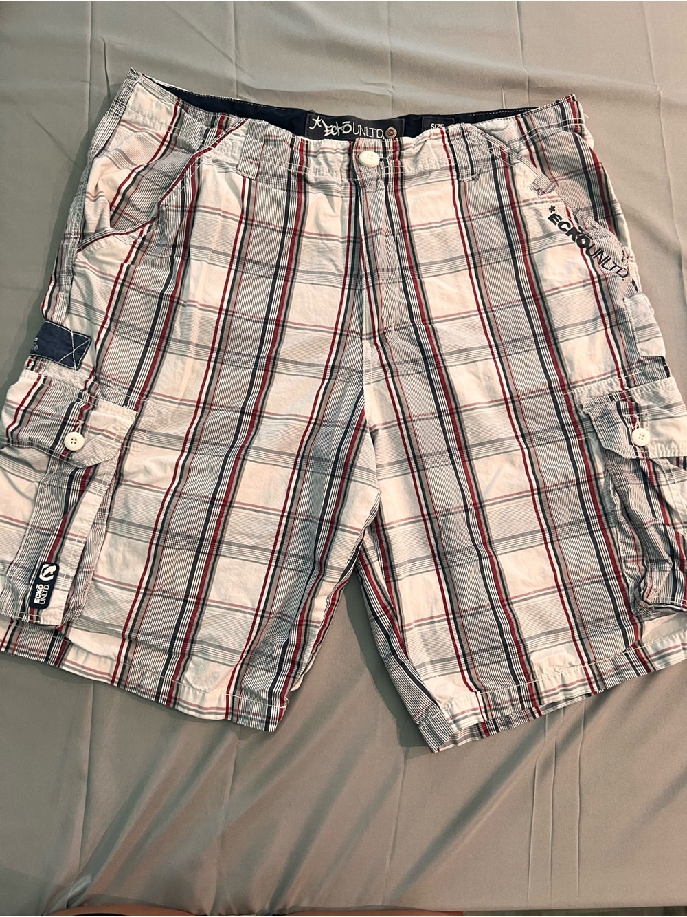 Vintage Ecko Unltd Cargo Shorts Men 36 Baggy Plaid Navy Y2K